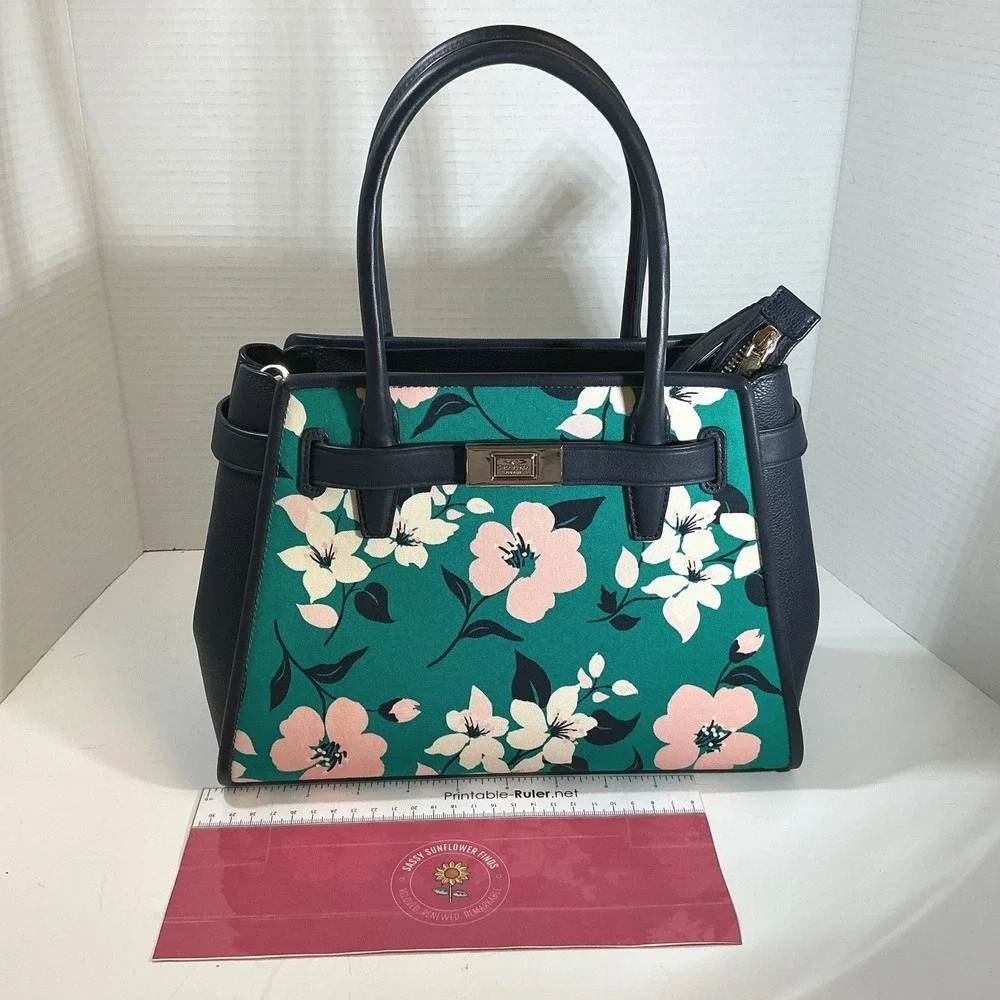Kate Spade Lucia‎ Lily Blooms Medium Canvas Satchel Navy Leather Trim Handbag